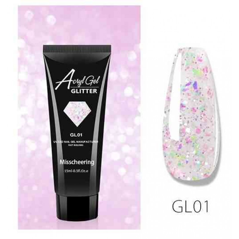 Акригель (полигель) с блестками ACRYLGEL GLITTER 15 мл GL01