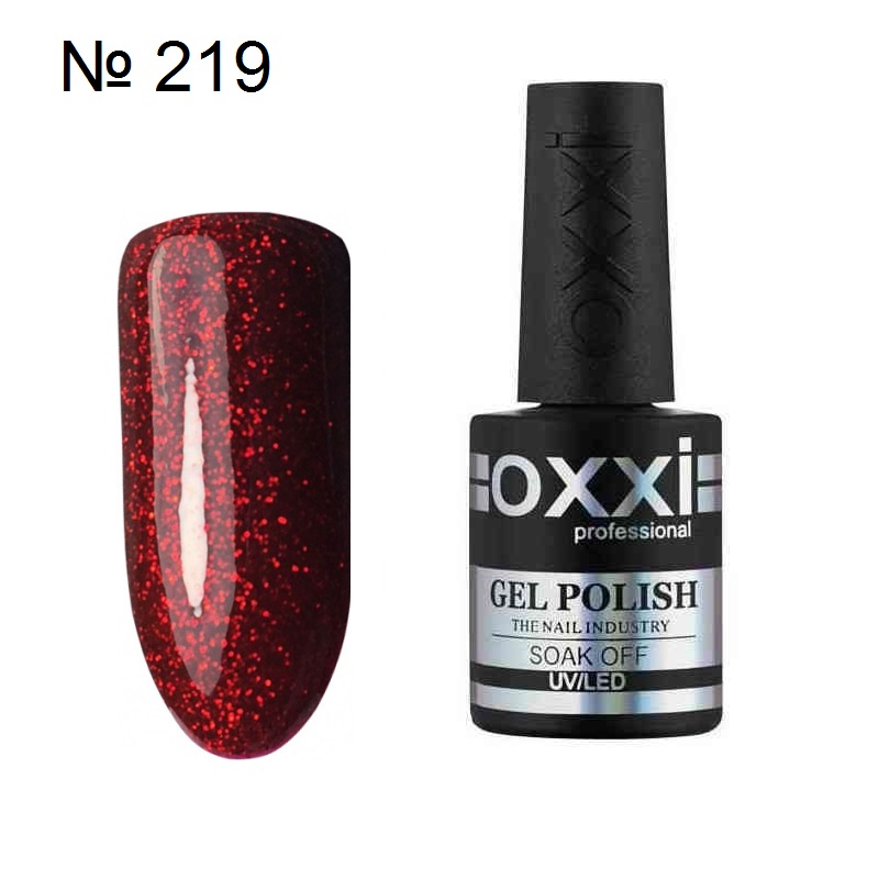 Гель лак OXXI №219 красный насыщенный с глубокими блестками, 10 мл.